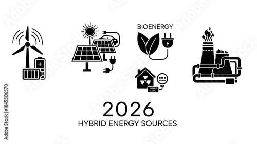 Hybrid energy sources illustrated in black and white for future sustainability