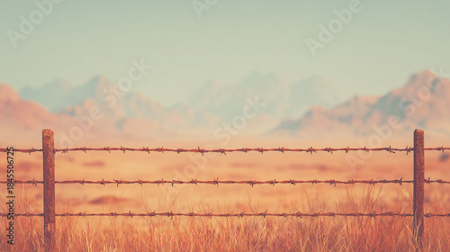 
Barbed Wire Fence in Open Landscape Symbolising Borders, Restriction, and Prohibition