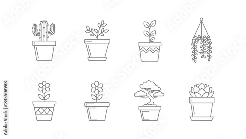 Line art illustrations of various potted plants against a white background