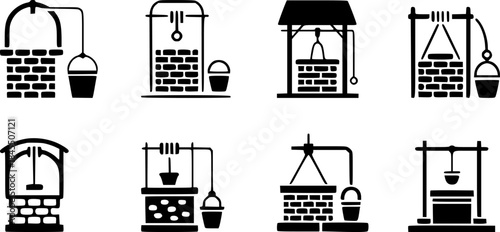 Collection of Eight Stylized Water Well Icons with Buckets