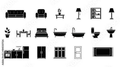 Minimalist home interior design elements sofa bed and furniture icons