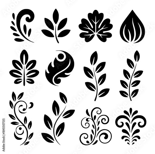 Collection of Black Leaf and Floral Ornaments and Silhouettes