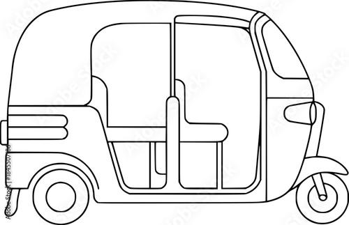Black and White Outline Drawing of a Three-Wheeled Auto Rickshaw