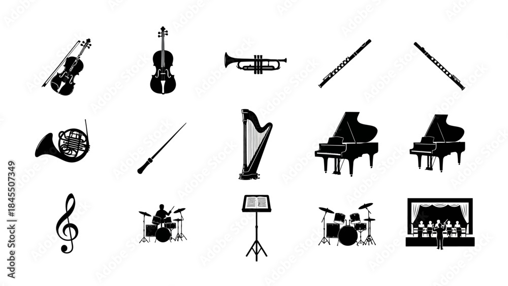 Obraz premium Musical instruments in silhouette various shapes and forms vector illustration