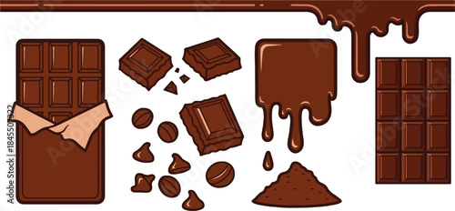 Delicious assortment of dark chocolate bars pieces chips beans and powder melting against a stark black background for confectionery design