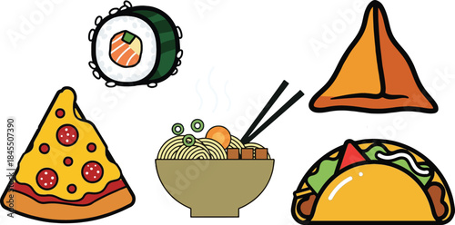 Collection of popular international fast food icons including pizza ramen sushi samosa and taco presented on a black background