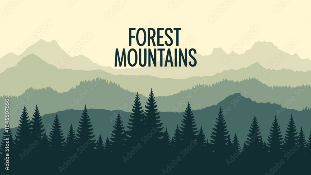 Fototapeta premium Panoramic forest mountain landscape silhouette illustration vector background