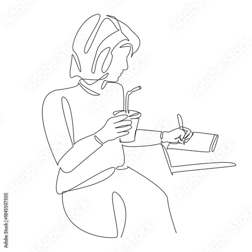 One continuous single drawing line art flat doodle woman, female, girl, sitting, cocktail, beautiful, lifestyle, pen. Isolated image hand draw contour on a white background, hand drawn, not AI