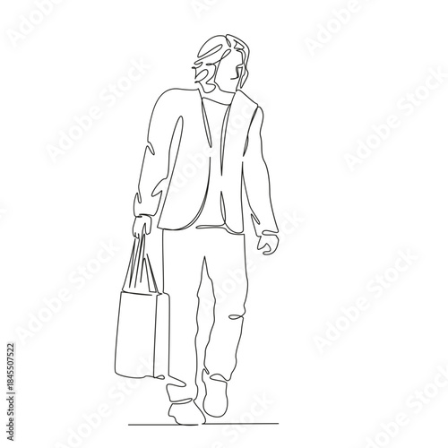 One continuous single drawing line art flat doodle man, male, client, shopper, shopping, mall, sale, young, go. Isolated image hand draw contour on a white background, hand drawn, not AI