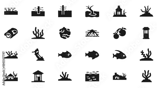 Set of black and white aquatic and terrestrial life icons and illustrations