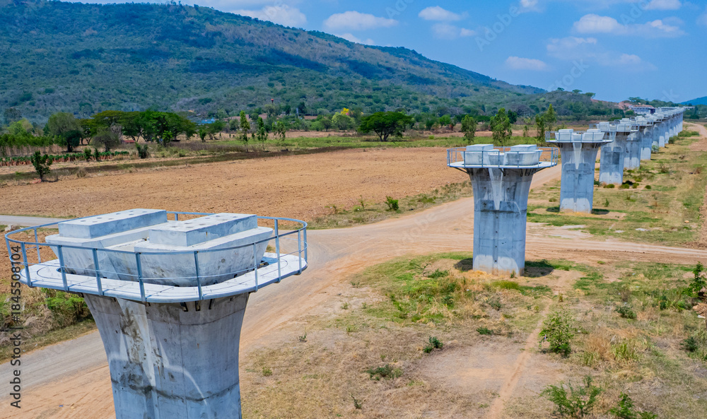 Naklejka premium The concrete pillars/piers for the high-speed rail track are under construction at the unfinished construction site.