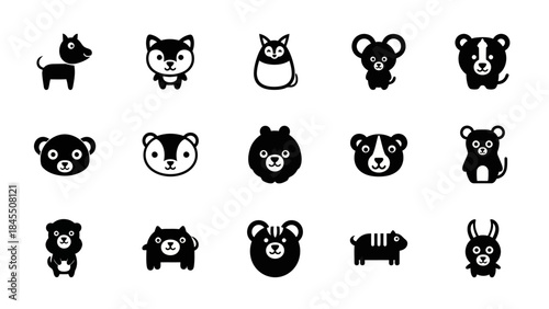 Set of cartoon animal icons in black and white for various design projects