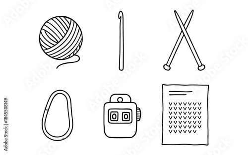 Hand-drawn collection of knitting and crochet crafting supplies and tools