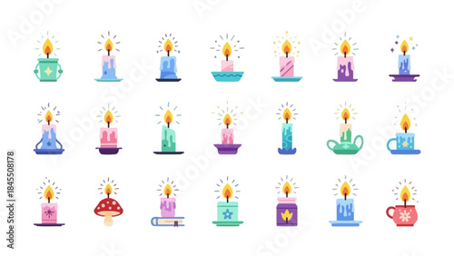 Set of colorful lit candles with various shapes and holders decorative elements
