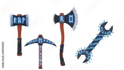 Set of isolated vector tools featuring hammer axe pickaxe and wrench