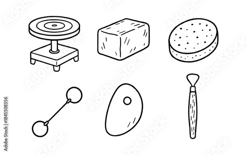 Hand-drawn pottery tools and materials including a wheel, clay, sponge, and sculpting implements