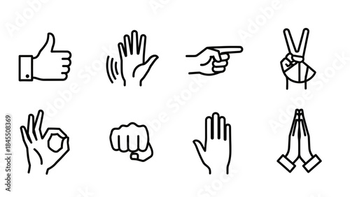 Set of line art hand gestures and poses for communication and expression
