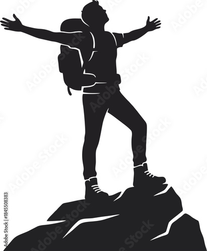 Enjoying Nature Silhouette Vector. Hiker with Arms Open Embracing Freedom and Digital Detox Isolated on White
