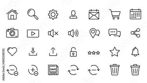 Set of minimalist line icons representing various digital interface elements