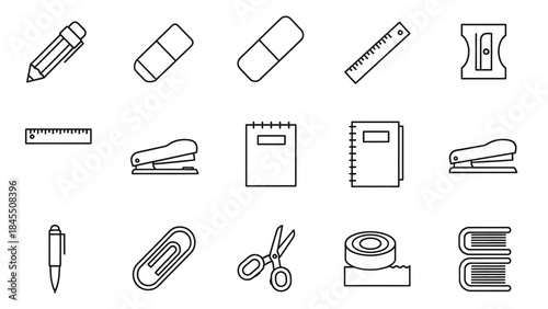 Set of minimalist school supplies icons against a white backdrop for design use