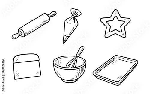 Hand-drawn baking tools collection including rolling pin, piping bag, and star cutter