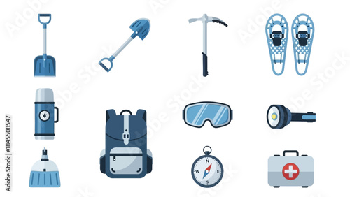 Set of various hiking and adventure equipment isolated on white