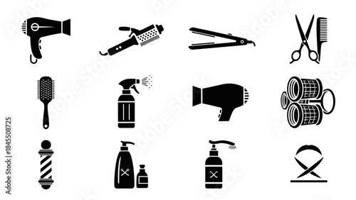 Styling tools silhouettes set with hair dryer curling iron scissors and more