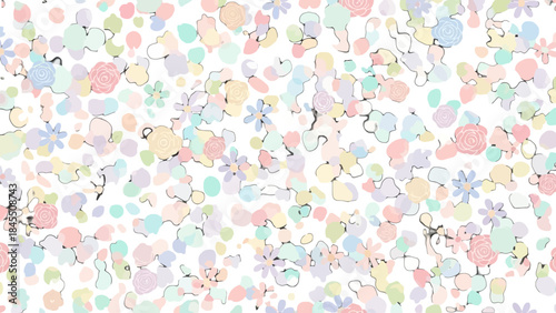 Playful Abstract Pastel Shapes and Flowers Seamless Pattern on Isolated White Background
