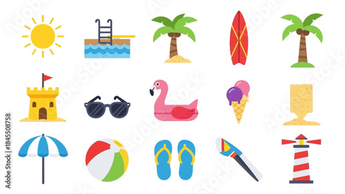 Summer vacation icons beach elements sunshine pool and vacation concepts