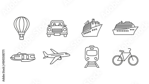 Transportation icons airplane car boat train and bicycle vector set