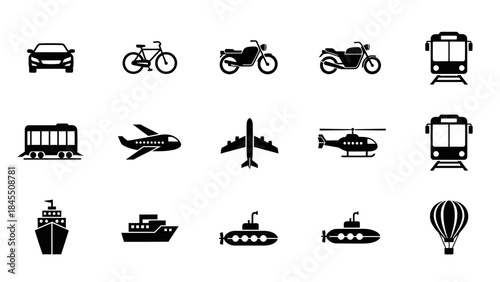 Transportation icons car bicycle motorcycle train plane boat and more