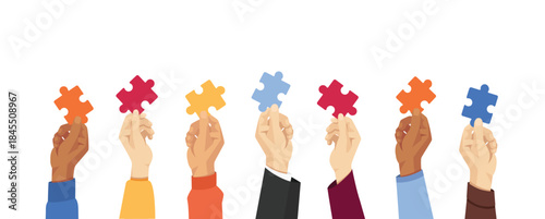 Hands of diverse people wearing different clothes raising puzzle pieces. Teamwork and collaboration concept. Isolated vector illustration.
