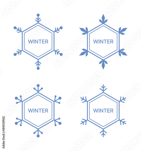 A collection of minimalistic hexagon vector badge designs surrounded by snowflake borders. Ideal for seasonal events, promotions, and winter logos, icons, banners, or decorative elements.
