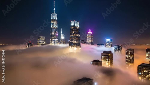 Chicago Skyline Emerging from Fog at Night - A Stunning View.