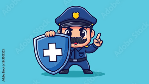 Cartoon Police Officer with Mustache Holding Health Protection Shield.