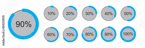 Percentage circle set. Loading indicator set. Circle loading or circle progress with percentage collection. Set of circle percentage diagrams for infographics 10 20 30 40 50 60 70 80 90 100 percent.