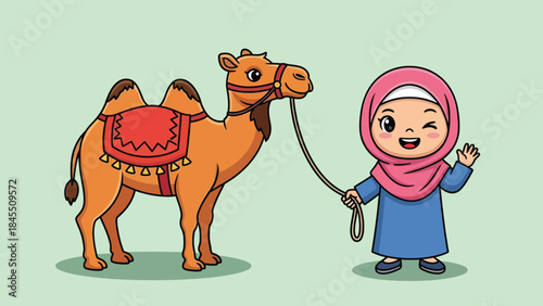 Cute Cartoon Muslim Girl in Hijab Holding a Camel on a Leash.