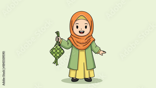 Cute Cartoon Muslim Girl in Hijab Holding Traditional Ketupat.