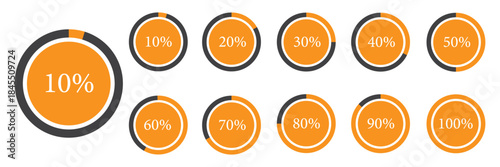 Circle loading, circle progress with percentage. Set of circle percentage diagrams for infographics, set of percentage infographic chart - 0 10 20 30 40 50 60 70 80 90 100. Vector infographic set.