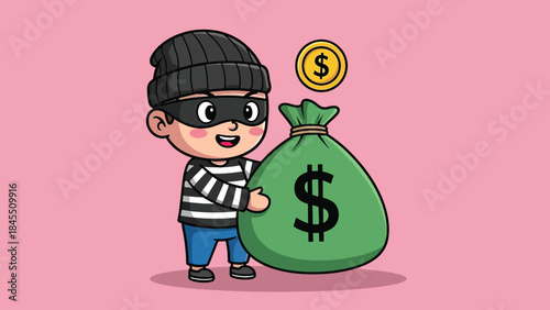 Cute Cartoon Thief Character Holding Green Money Bag with Dollar Sign and Coin.