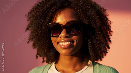 Joyful young black woman with curly hair and stylish sunglasses smiling brightly in warm, golden hour lighting against a pink background