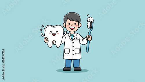 Happy cartoon dentist holding sparkling tooth and toothbrush with paste.