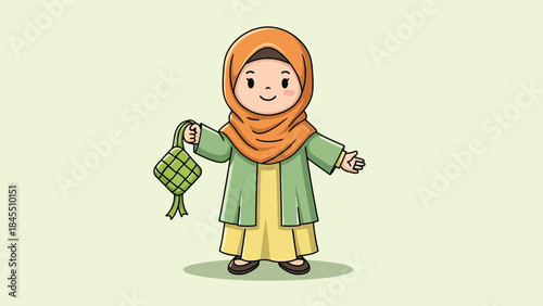 Happy Muslim Cartoon Girl in Hijab Holding Ketupat for Eid Celebration.