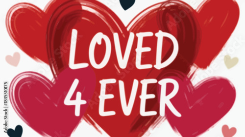 Overlapping red hearts with loved forever text on light pink background, a sweet valentine's day themed graphic design element with white