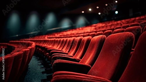 Empty rows of red velvet seats filling an auditorium, symbolizing anticipation for a performance, classic cinema experience, or grand theatrical event without an audience