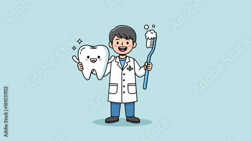 Smiling Cartoon Dentist Holding Happy Tooth and Toothbrush.