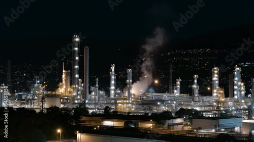 Wallpaper Mural A massive petroleum refinery glowing at night with thousands of lights, pipes and towers releasing subtle steam as engineers monitor production from a control room — energy infrastructure, heavy Torontodigital.ca