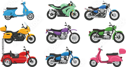 Motorcycle and scooter illustration set, colorful sport, classic, touring and urban bikes isolated on white background transport design