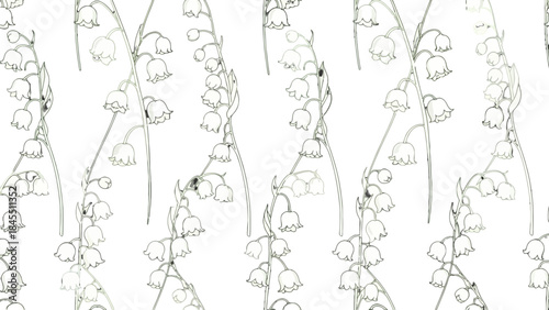 Seamless Line Art Lily of the Valley Floral Pattern on Isolated White Background