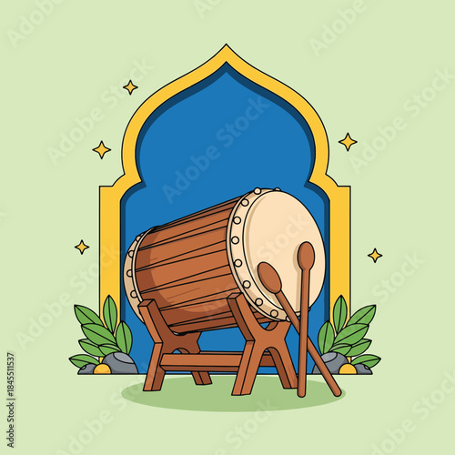 Traditional wooden bedug drum with drumsticks Islamic cultural instrument illustration.